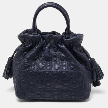 CH CAROLINA HERRERA Blue Monogram Embossed Leather String Bucket Bag