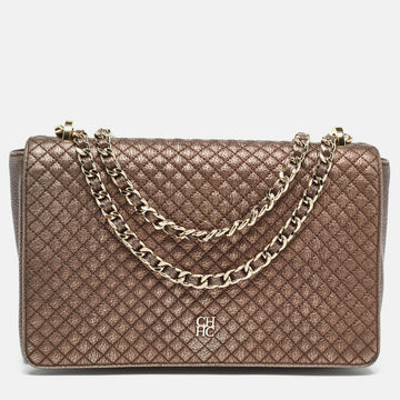 CH CAROLINA HERRERA Bronze Quilted Leather Flap Chain Shoulder Bag