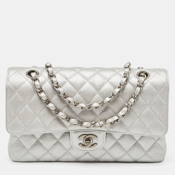 CHANEL Silver Quilted Caviar Leather Medium Classic Double Flap Bag