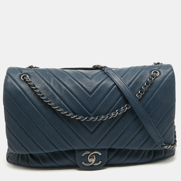 CHANEL Blue Chevron Leather XXL Travel Flap Bag