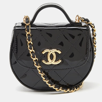 CHANEL Black Quilted Patent Leather Mini Top Handle Flap Crossbody Bag