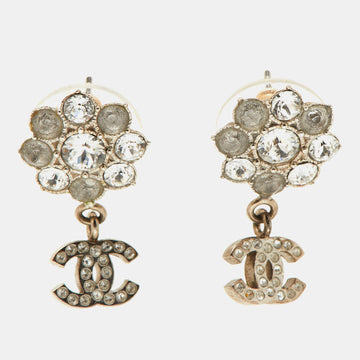 CHANEL CC Crystal Gold Tone Camellia Drop Earrings