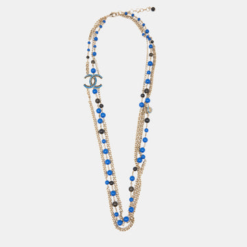 CHANEL Gold Tone Blue Beaded Crystal CC Multi Layered Long Necklace