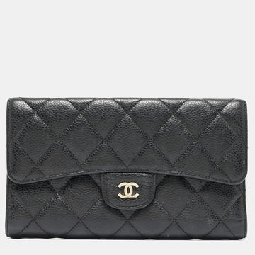 CHANEL Black Quilted Caviar Leather Classic L Flap Wallet