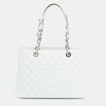CHANEL White Quilted Caviar Leather Grand Shopping Tote