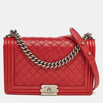 CHANEL Red Quilted Caviar Leather New Medium Boy Bag