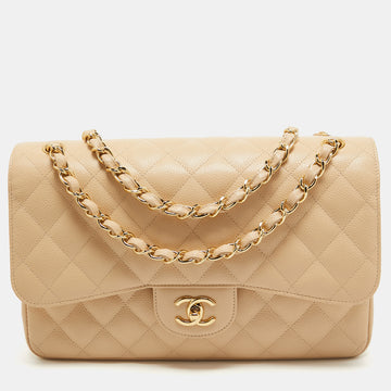 CHANEL Light Beige Quilted Caviar Leather Jumbo Classic Double Flap Bag