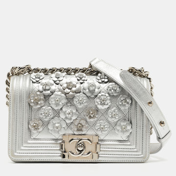 CHANEL Silver Quilted Leather Small Camellia Applique Boy Flap Bag