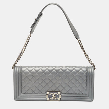 CHANEL Grey Quilted Leather East West Boy Bag