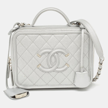 CHANEL Silver Quilted Caviar Leather Medium CC Filigree Vanity Case Bag