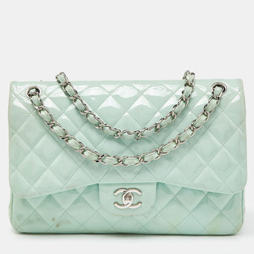 CHANEL Green Quilted Patent Leather Jumbo Classic Double Flap Bag