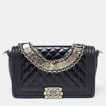 CHANEL Black Quilted Patent Leather Medium Boy Bag