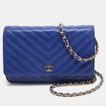 CHANEL Blue Chevron Leather Classic Wallet on Chain