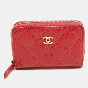 CHANEL Red Quilted Caviar Leather Zip Around Coin Purse