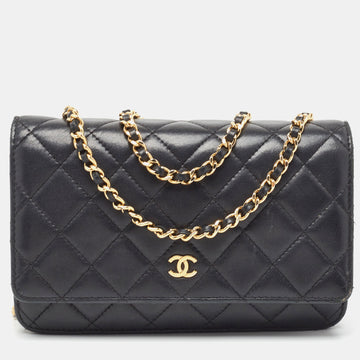 CHANEL Black Quilted Leather Classic Wallet on Chain