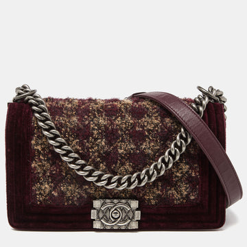 CHANEL Burgundy Quilted Tweed,Leather and Velvet Medium Boy Flap Bag