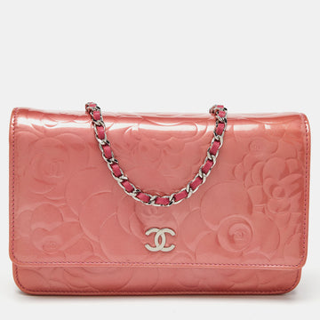 CHANEL Pink Camellia Patent and Leather Wallet On Chain
