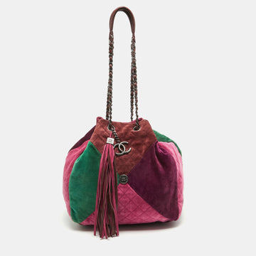 CHANEL Multicolor Quilted Suede Patchwork Drawstring Bucket Bag