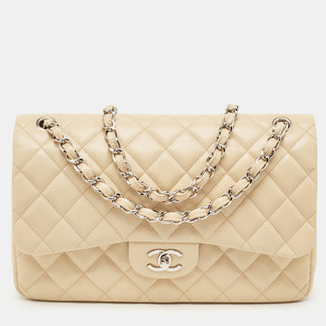 CHANEL Beige Quilted Caviar Leather Jumbo Classic Double Flap Bag