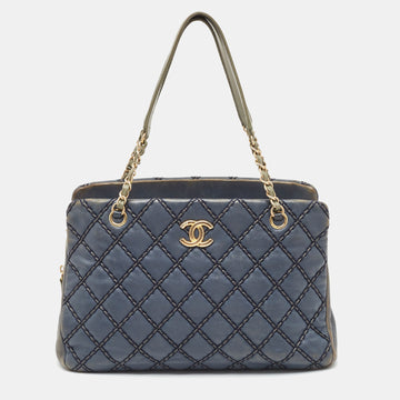 CHANEL Blue Quilted Wild Stitched Leather Chain Tote