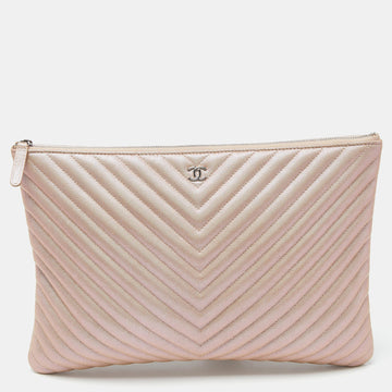 CHANEL Pearl Beige Chevron Caviar Leather Large O-Case Zip Pouch