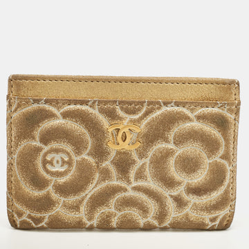 CHANEL Gold Suede Camellia Embossed Classic Card Holder