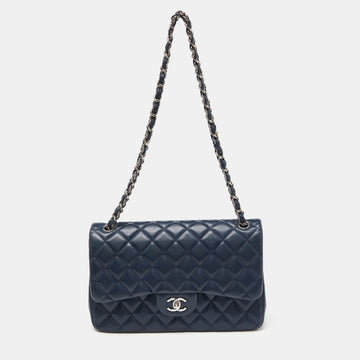 CHANEL Blue Quilted Caviar Leather Jumbo Classic Double Flap Bag