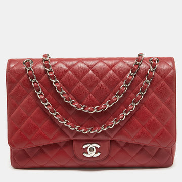 CHANEL Red Quilted Caviar Leather Maxi Classic Single Flap Bag