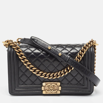 CHANEL Black Quilted Glossy Leather Medium Boy Flap Bag