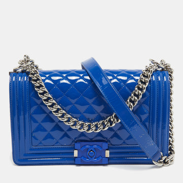 CHANEL Blue Quilted Patent Leather Medium Boy Flap Bag