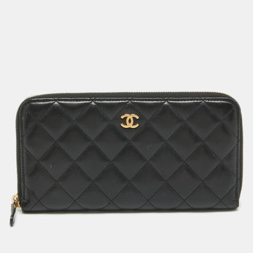 CHANEL Black Quilted Leather Classic Zip Around Wallet