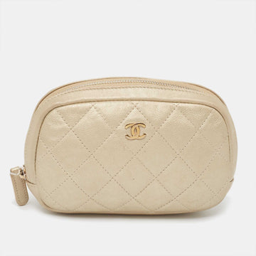 CHANEL Beige Quilted Leather Cosmetic Pouch