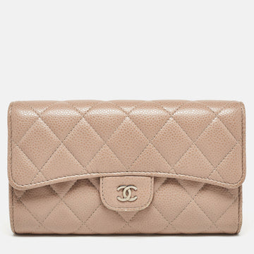 CHANEL Beige Quilted Caviar Leather CC Trifold Continental Wallet