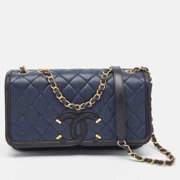 CHANEL Navy Blue/Black Caviar Leather Medium CC Filigree Flap Bag