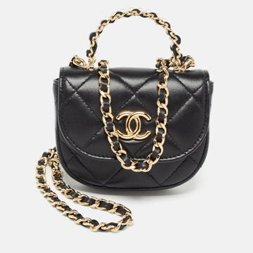 CHANEL Black Quilted Leather Micro CC Pearl Embellished Bag