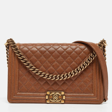 CHANEL Brown Quilted Caviar Leather New Medium Boy Bag