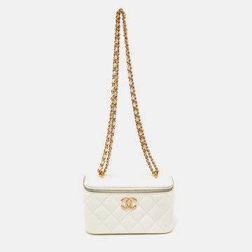 CHANEL Off White Quilted Leather Vanity Case Chain Bag