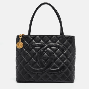 CHANEL Black Quilted Caviar Leather Medallion Bag