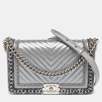 CHANEL Silver Quilted Leather New Medium Boy Flap Bag