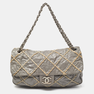 CHANEL Grey Quilted Crinkled Leather Ultra Stitch Classic Flap Bag
