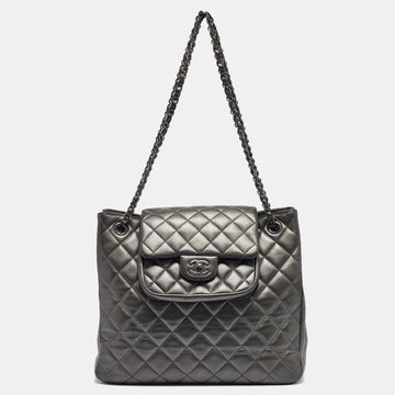 CHANEL Dark Grey Quilted Leather Front Flap Pocket Tote