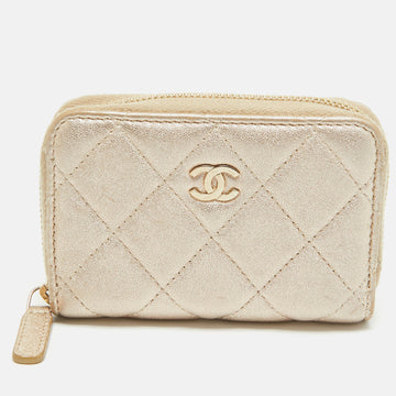 CHANEL Gold Quilted Leather Zip Around Coin Purse
