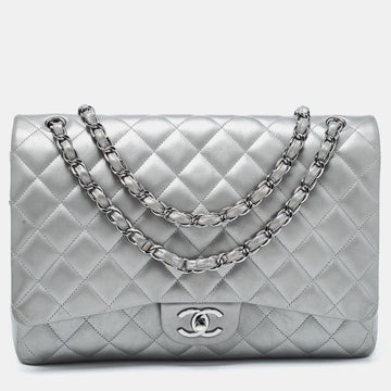 CHANEL Grey Quilted Leather Maxi Classic Double Flap Bag