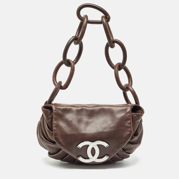 CHANEL Choco Brown Pleated Leather Ring CC Shoulder Bag
