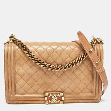 CHANEL Brown Marble Effect Quilted Leather New Medium Boy Flap Bag