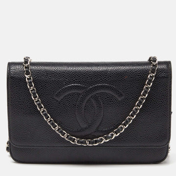 CHANEL Black Quilted Caviar Leather Classic Wallet On Chain