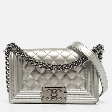 CHANEL Grey Quilted Patent Leather Small Boy Flap Bag