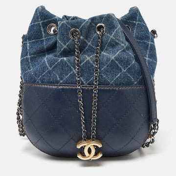 CHANEL Blue Quilted Leather and Denim Small Gabrielle Bucket Bag