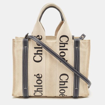 CHLOE Beige/Black Canvas and Leather Small Woody Tote