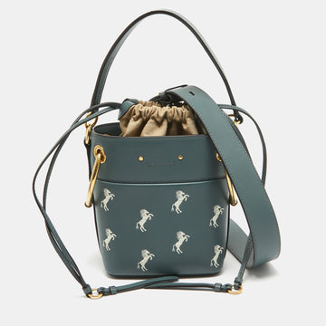 CHLOE Blue/Beige Leather Mini Roy Horse Embroidered Bucket Bag